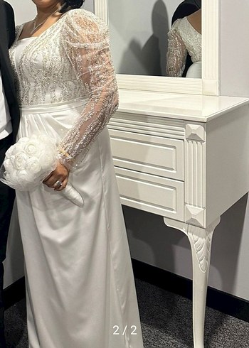 Diğer Uzun Kollu Beyaz V Yakalı Nikah Elbisesi