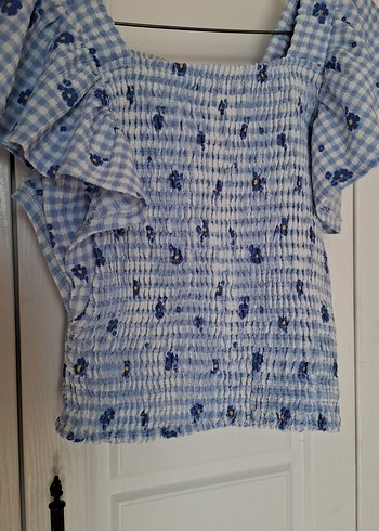 Mavi Fırfırlı Kısa Kollu Bluz - Görsel 2