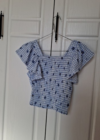 Mavi Fırfırlı Kısa Kollu Bluz - Görsel 3