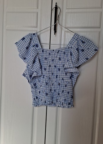 Mavi Fırfırlı Kısa Kollu Bluz - Görsel 7