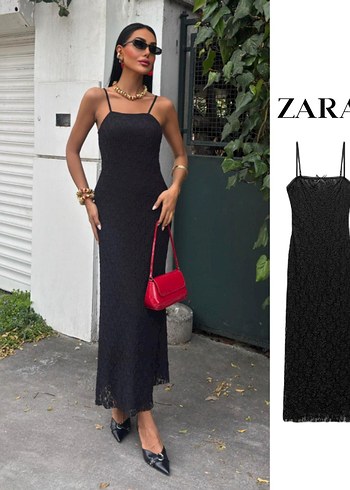 Zara Siyah Dantelli Uzun Askılı Elbise