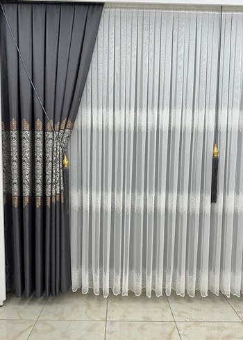 Gri ve Beyaz Nakışlı Perde Seti - Görsel 3