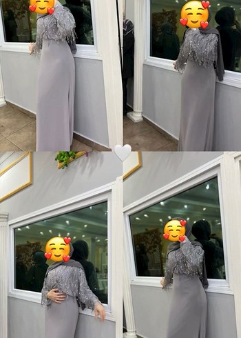 Abiye Gri Uzun Kollu Nakışlı Abiye Elbise