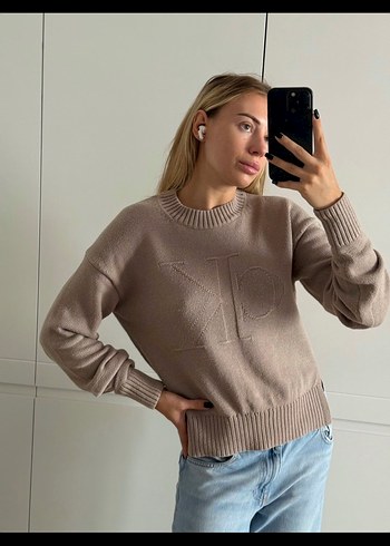 Bej Kadın Triko Bisiklet Yaka Salaş Kazak - Görsel 2