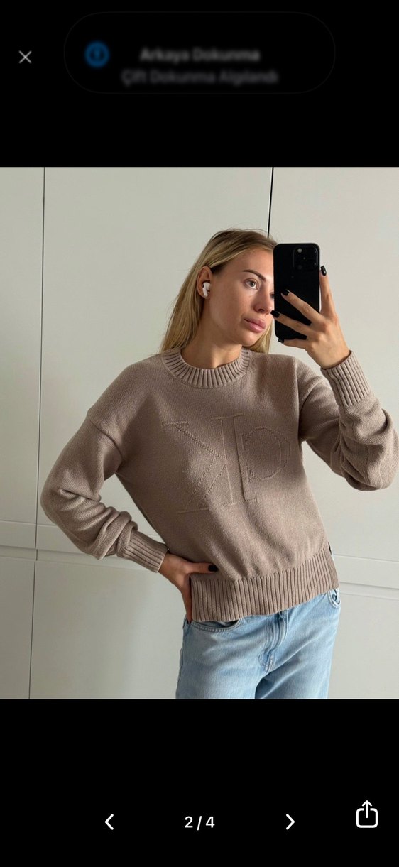 Bej Kadın Triko Bisiklet Yaka Salaş Kazak - Görsel 2