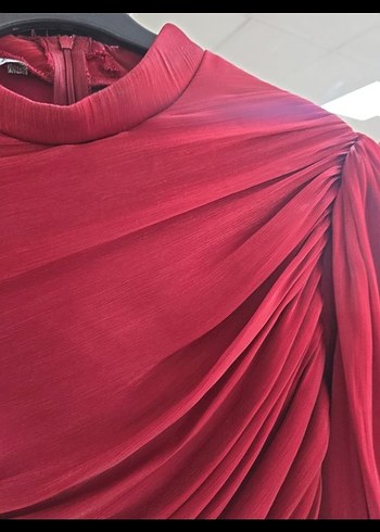 Bordo Uzun Drapeli Kadın Elbise - Görsel 3