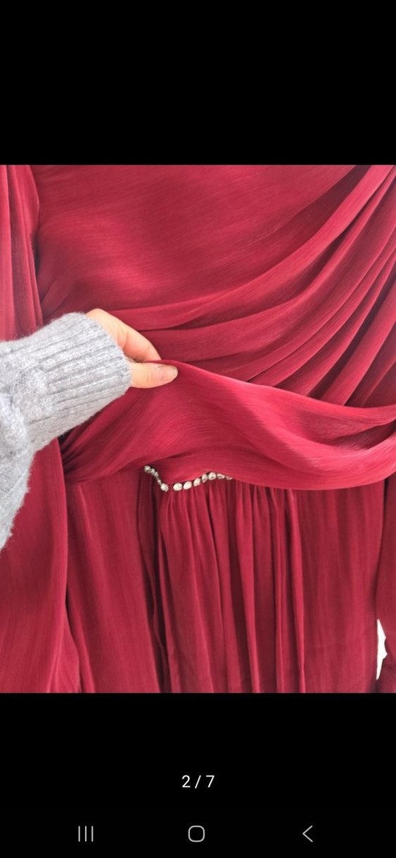 Bordo Uzun Drapeli Kadın Elbise - Görsel 2