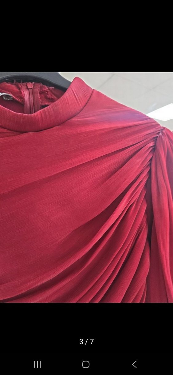 Bordo Uzun Drapeli Kadın Elbise - Görsel 3