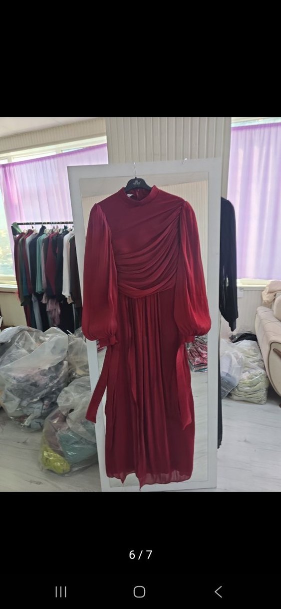 Bordo Uzun Drapeli Kadın Elbise - Görsel 4