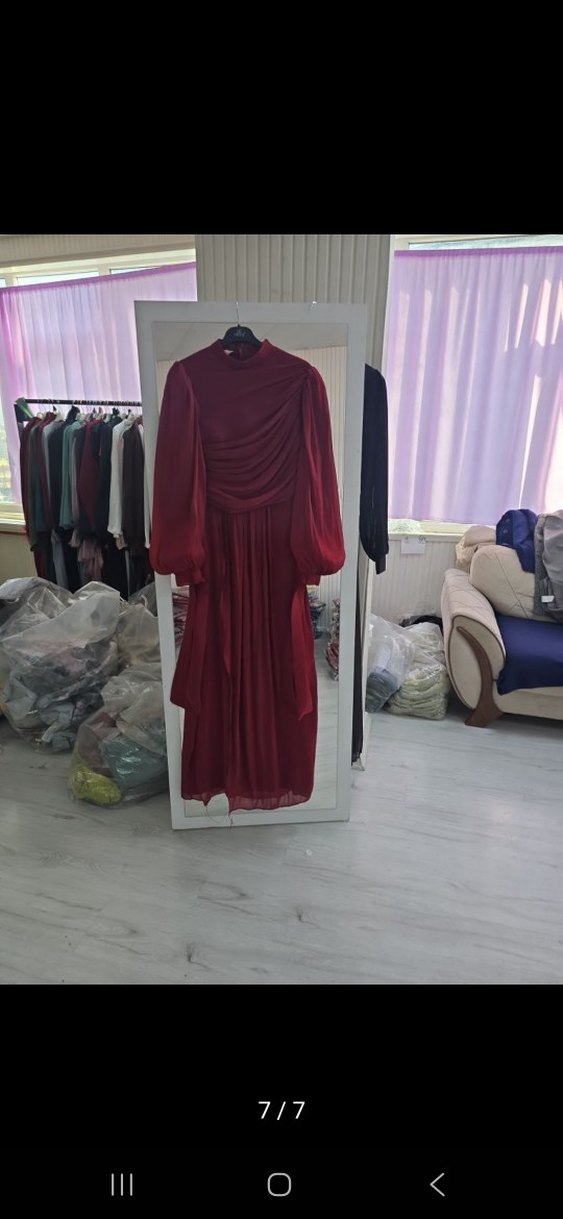 Bordo Uzun Drapeli Kadın Elbise - Görsel 5