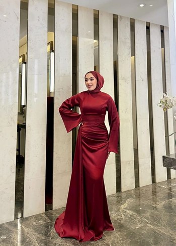Bordo Drapeli Uzun Abiye Elbise - Görsel 2