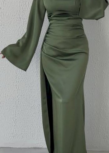 Kadın Şık Uzun Kollu Haki Elbise - Görsel 2