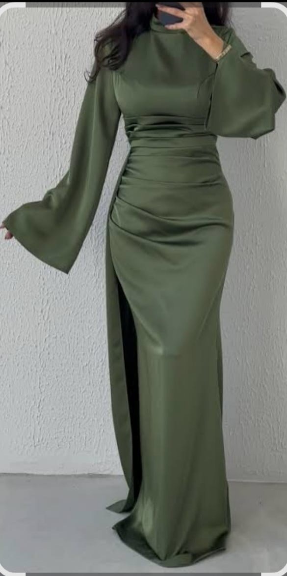 Kadın Şık Uzun Kollu Haki Elbise - Görsel 2