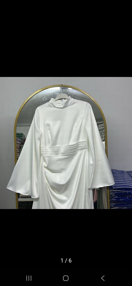 Uzun Kollu Beyaz Saten Abiye Elbise - Görsel 5