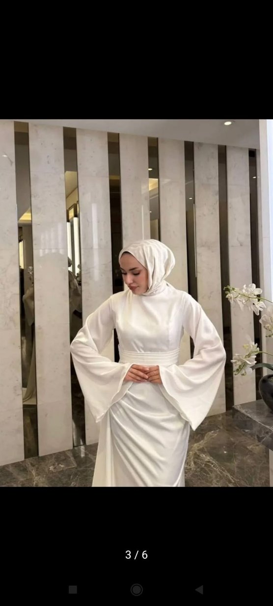 Uzun Kollu Beyaz Saten Abiye Elbise - Görsel 3