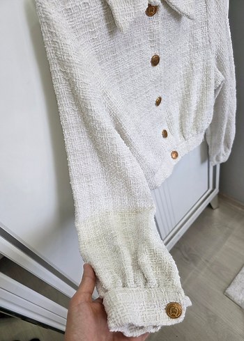 Düğmeli Beyaz Keten Kadın Midi Ceket - Görsel 5