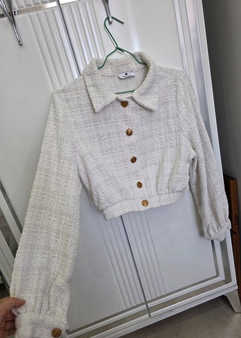 Düğmeli Beyaz Keten Kadın Midi Ceket - Görsel 2