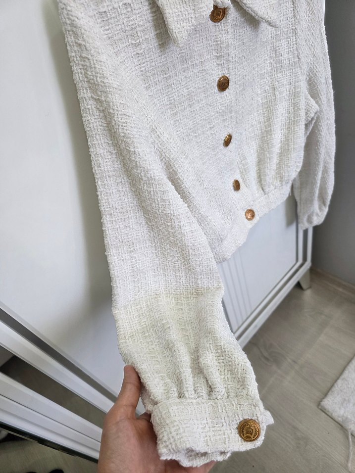 Düğmeli Beyaz Keten Kadın Midi Ceket - Görsel 5