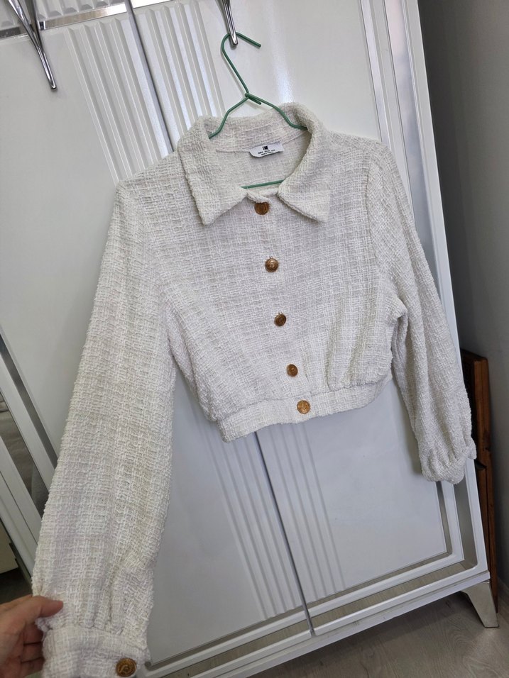 Düğmeli Beyaz Keten Kadın Midi Ceket - Görsel 2