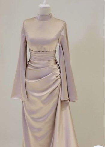 Bej Uzun Kollu Drapeli Abiye Elbise - Görsel 2