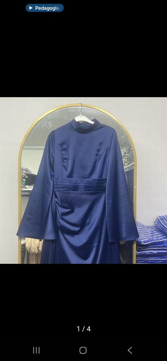 Lacivert Uzun Kollu Drapeli Kadın Elbise - Görsel 2