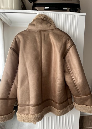 Stradivarius Bej Süet Kürk Detaylı Midi Ceket