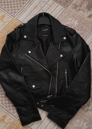Pull and Bear Siyah Suni Deri Biker Ceket