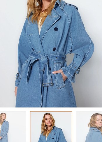 s Beden Kadın Mavi Uzun Denim kot Trençkot
