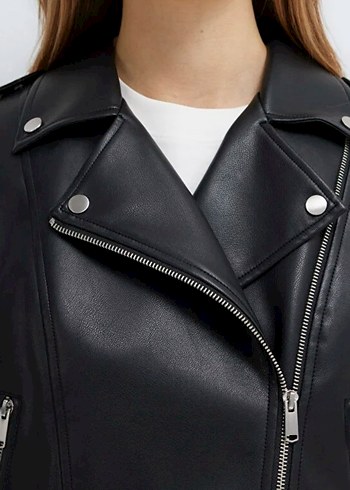 Siyah Parlak Kadın Deri Biker Ceket - Görsel 3