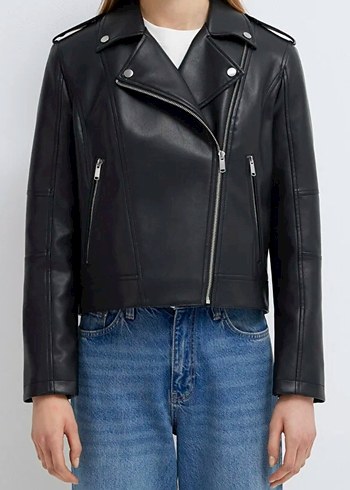 Siyah Parlak Kadın Deri Biker Ceket - Görsel 2