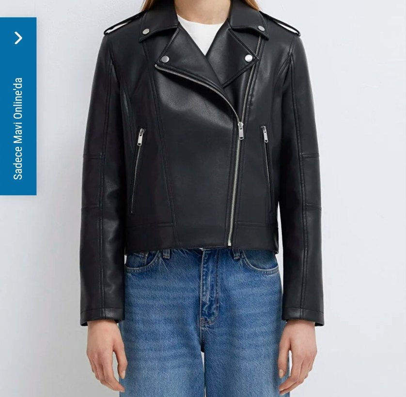 Siyah Parlak Kadın Deri Biker Ceket - Görsel 2