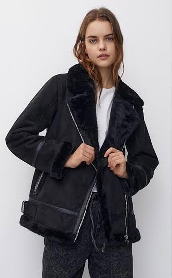 Pull and Bear Siyah Kürklü Biker Mont/Kaban