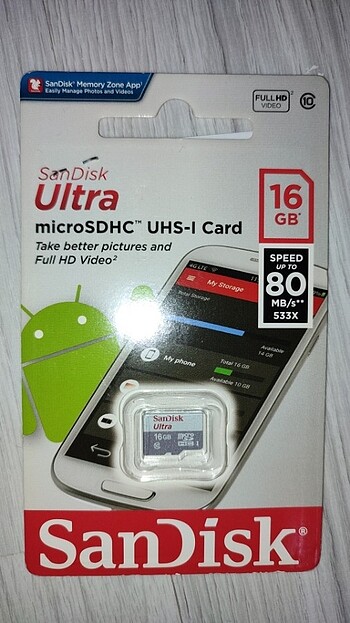 Sandisk 16 gb microSD hafıza kartı