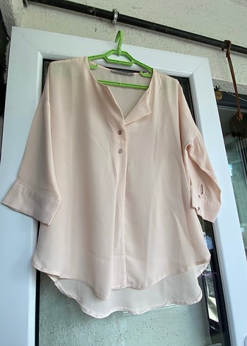 Pudra Pembe V Yaka Düğmeli Salaş Kadın Gömlek - Görsel 4