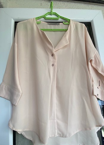 Pudra Pembe V Yaka Düğmeli Salaş Kadın Gömlek - Görsel 6