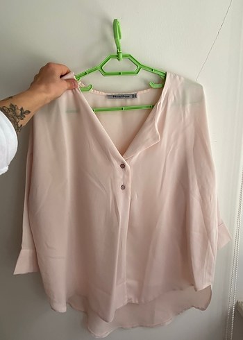 Pudra Pembe V Yaka Düğmeli Salaş Kadın Gömlek - Görsel 5