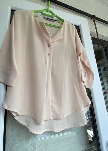 Pudra Pembe V Yaka Düğmeli Salaş Kadın Gömlek - Görsel 2