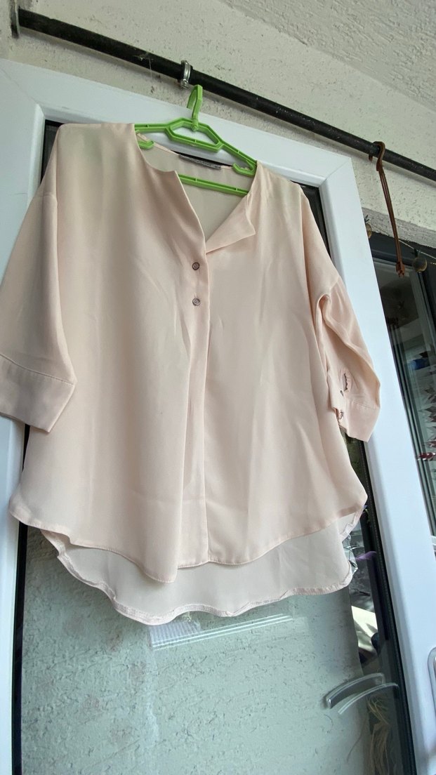 Pudra Pembe V Yaka Düğmeli Salaş Kadın Gömlek - Görsel 2