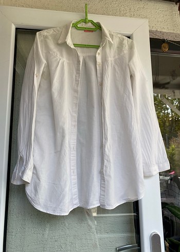 Kadın Beyaz Keten Uzun Kollu Gömlek - Görsel 7