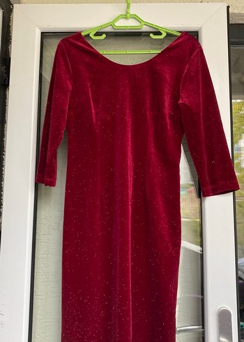 Bordo Parlak Ara kollu  Drapeli Kadın Elbise - Görsel 4