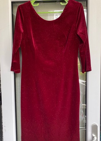 Bordo Parlak Ara kollu  Drapeli Kadın Elbise - Görsel 3