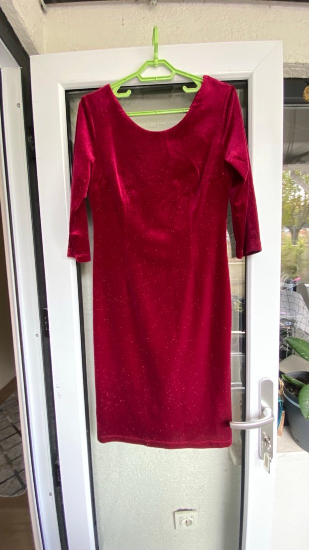 Bordo Parlak Ara kollu  Drapeli Kadın Elbise - Görsel 2