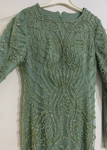 Uzun Kol İşlemeli Yeşil Balık model Abiye Elbise - Görsel 2