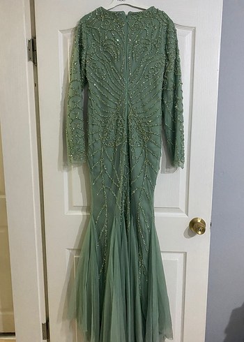 Uzun Kol İşlemeli Yeşil Balık model Abiye Elbise - Görsel 4