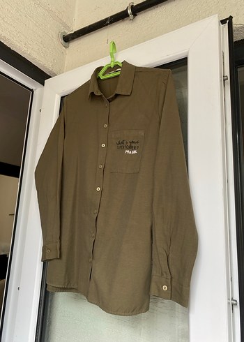 Haki  Uzun Kollu Düğmeli Keten Gömlek - Görsel 4
