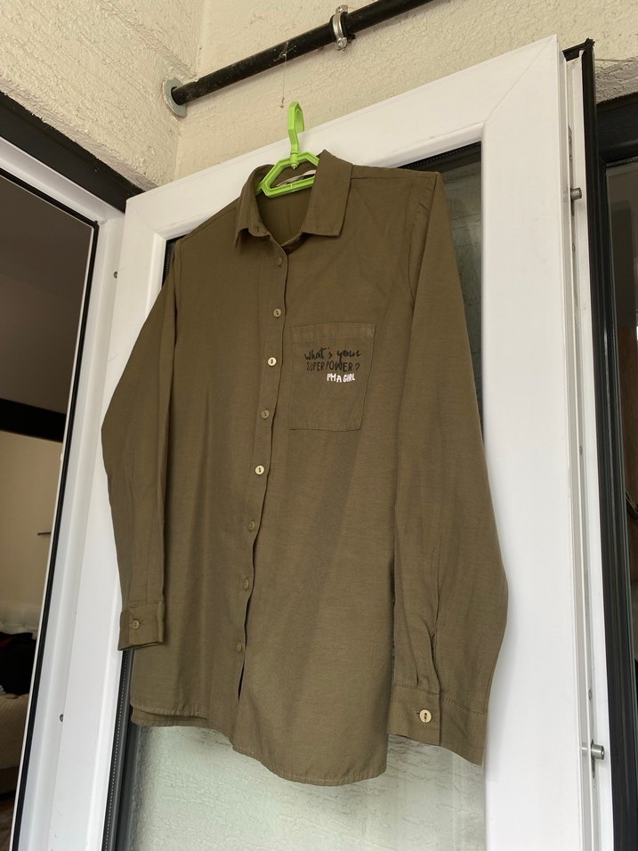 Haki  Uzun Kollu Düğmeli Keten Gömlek - Görsel 4