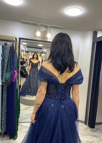 Straplez Lacivert Payetli Uzun Abiye Elbise - Görsel 4