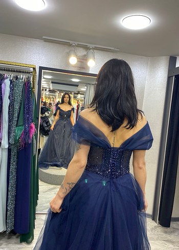 Straplez Lacivert Payetli Uzun Abiye Elbise - Görsel 2