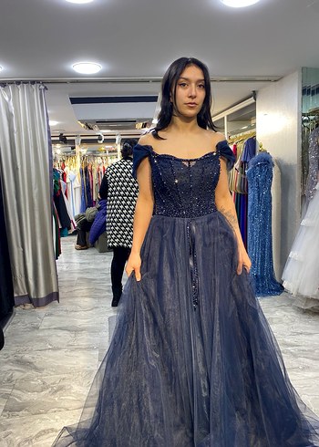 Straplez Lacivert Payetli Uzun Abiye Elbise - Görsel 3