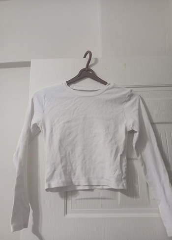 Beyaz V Yaka Uzun Kollu Crop Top - Görsel 2